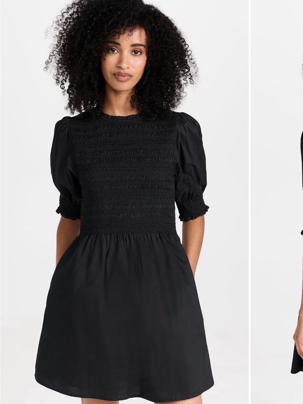 Smocked Puff-Sleeve Mini Dress in Black